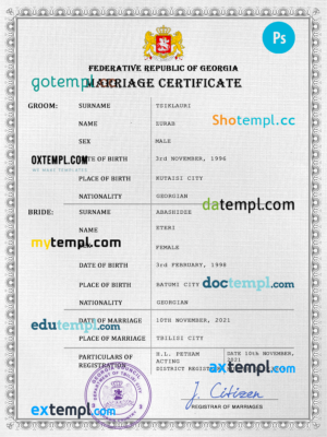 editable template, Georgia marriage certificate PSD template, fully editable