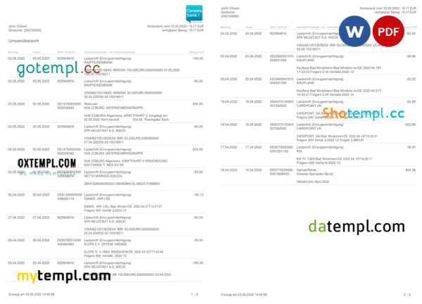 editable template, Germany Consorsbank bank statement template in Word and PDF format,(.doc and .pdf), 2 pages