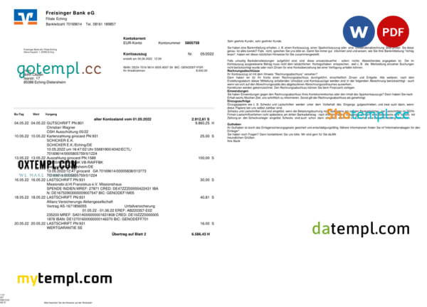 editable template, Germany Freisinger bank statement template in Word and PDF format,(.doc and .pdf), 2 pages