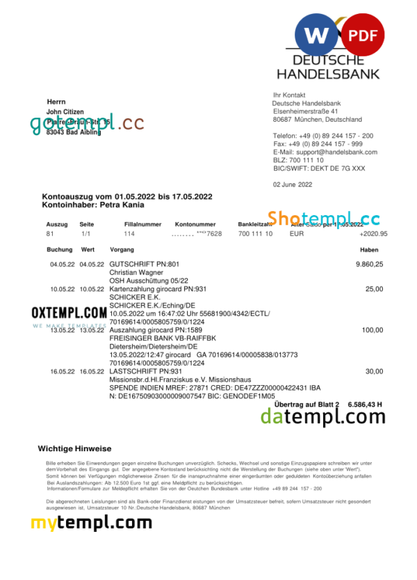 editable template, Germany Handelsbank bank statement, Word and PDF template