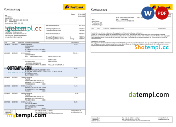 editable template, Germany Postbank bank statement, Word and PDF template, 2 pages
