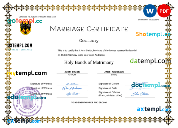 editable template, Germany marriage certificate Word and PDF template, completely editable