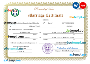 editable template, Greece marriage certificate Word and PDF template, completely editable