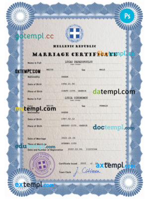 editable template, Greece marriage certificate PSD template, completely editable