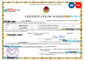 editable template, Guinea Bissau marriage certificate Word and PDF template, fully editable