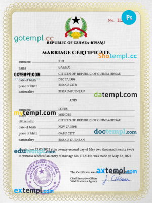 editable template, Guniea-Bissau marriage certificate PSD template, completely editable