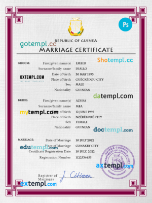 editable template, Guniea marriage certificate PSD template, fully editable