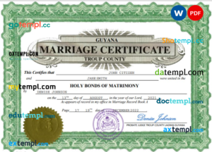 editable template, Guyana marriage certificate Word and PDF template, fully editable