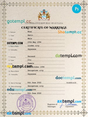 editable template, Guyana marriage certificate PSD template, fully editable