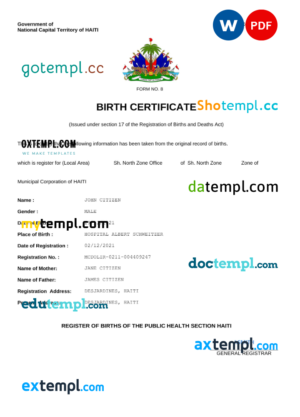 editable template, Haiti vital record birth certificate Word and PDF template, completely editable