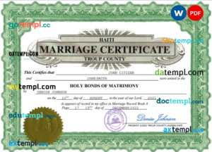 editable template, Haiti marriage certificate Word and PDF template, completely editable