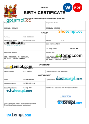 editable template, Hawaii birth certificate Word and PDF template, completely editable