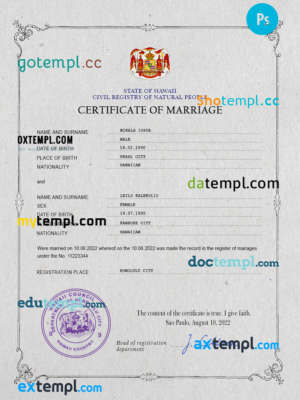 editable template, Hawaii marriage certificate PSD template, fully editable
