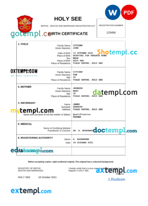 editable template, Holy See vital record birth certificate Word and PDF template, completely editable