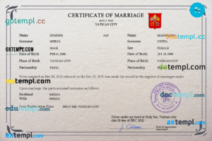 editable template, Holy See marriage certificate PSD template, completely editable