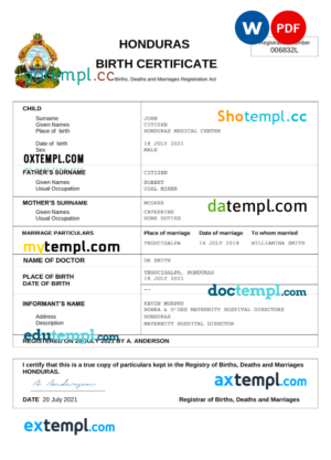 editable template, Honduras birth certificate Word and PDF template, completely editable