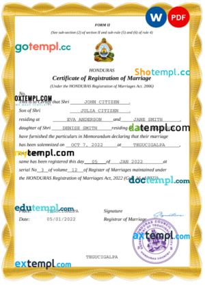 editable template, Honduras marriage certificate Word and PDF template, fully editable