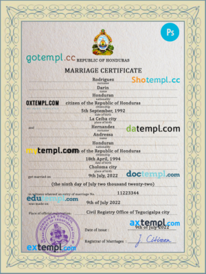 editable template, Honduras marriage certificate PSD template, fully editable