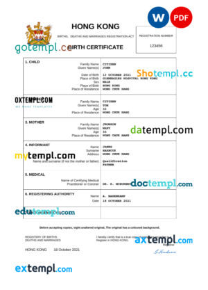 editable template, Hong Kong birth certificate Word and PDF template, completely editable