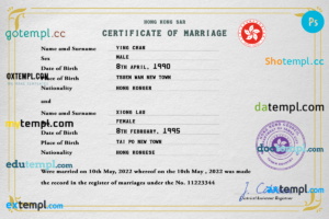 editable template, Hong-Kong marriage certificate PSD template, completely editable