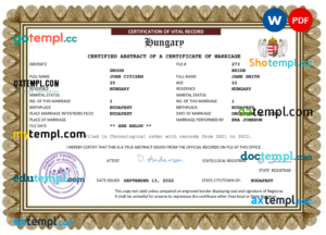 editable template, Hungary marriage certificate Word and PDF template, fully editable