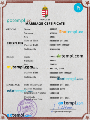editable template, Hungary marriage certificate PSD template, fully editable