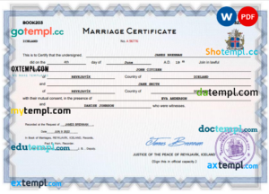 editable template, Iceland marriage certificate Word and PDF template, completely editable