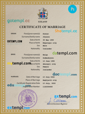 editable template, Iceland marriage certificate PSD template, completely editable