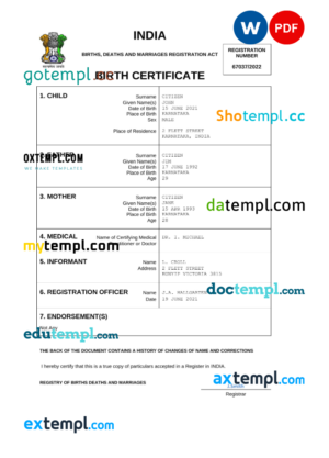editable template, India vital record birth certificate Word and PDF template, completely editable