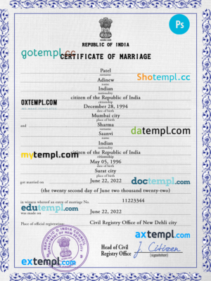 editable template, India marriage certificate PSD template, fully editable
