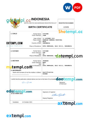 editable template, Indonesia birth certificate Word and PDF template, completely editable