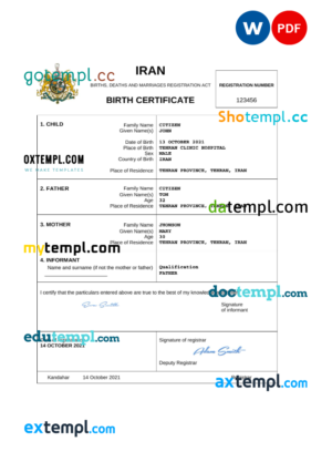 editable template, Iran vital record birth certificate Word and PDF template, completely editable