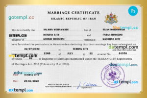 editable template, Iran marriage certificate PSD template, fully editable