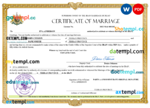 editable template, Iran marriage certificate Word and PDF template, fully editable