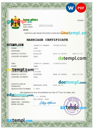 editable template, Iraq marriage certificate Word and PDF template, completely editable