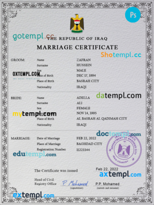 editable template, Iraq marriage certificate PSD template, completely editable