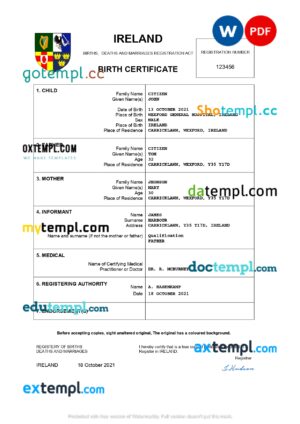 editable template, Ireland birth certificate Word and PDF template, completely editable