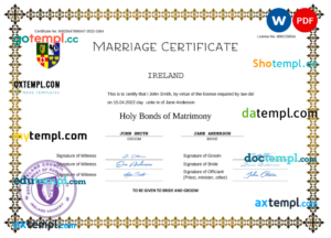 editable template, Ireland marriage certificate Word and PDF template, fully editable