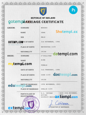 editable template, Ireland marriage certificate PSD template, fully editable