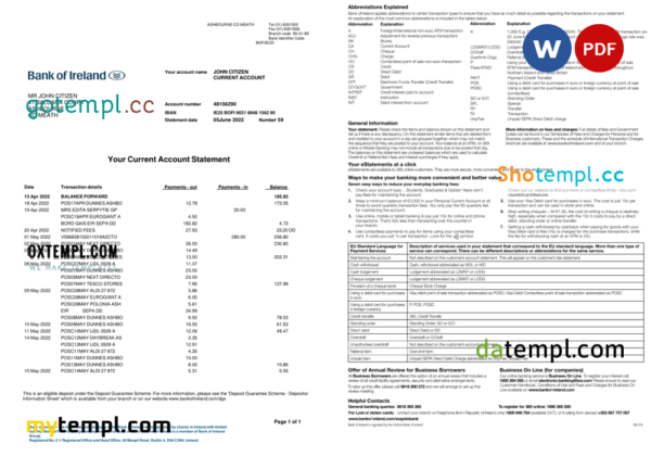 editable template, Ireland Bank of Ireland bank statement, Word and PDF template, 2 pages