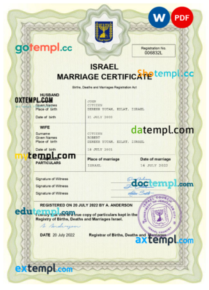 editable template, Israel marriage certificate Word and PDF template, completely editable