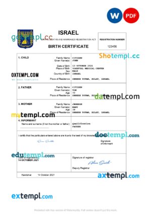 editable template, Israel vital record birth certificate Word and PDF template, completely editable