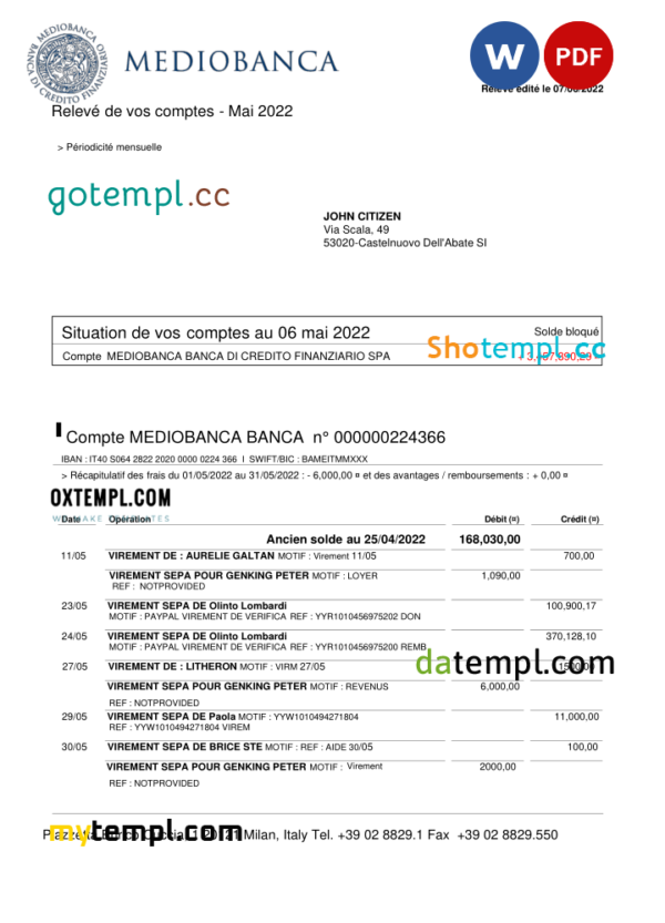 editable template, Italy Mediobanca bank statement Word and PDF template