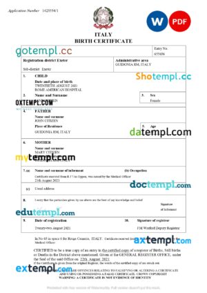 editable template, Italy birth certificate Word and PDF template, completely editable