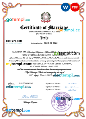 editable template, Italy marriage certificate Word and PDF template, fully editable