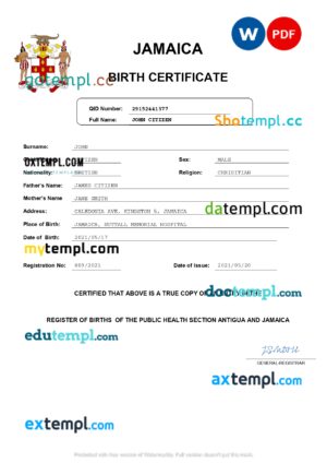 editable template, Jamaica vital record birth certificate Word and PDF template, completely editable
