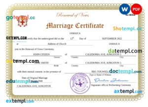 editable template, Jamaica marriage certificate Word and PDF template, completely editable