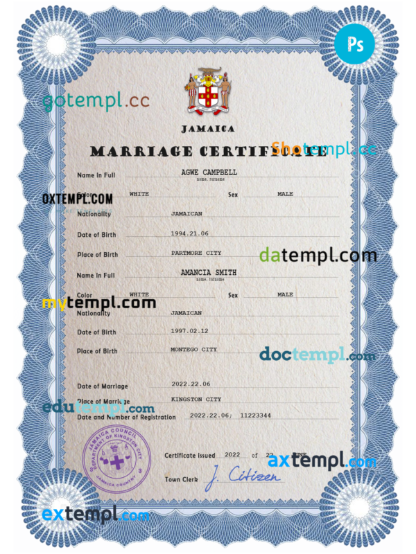 editable template, Jamaica marriage certificate PSD template, completely editable