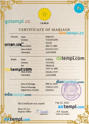 editable template, Japan marriage certificate PSD template, fully editable