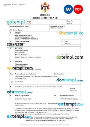 editable template, Jordan birth certificate Word and PDF template, completely editable
